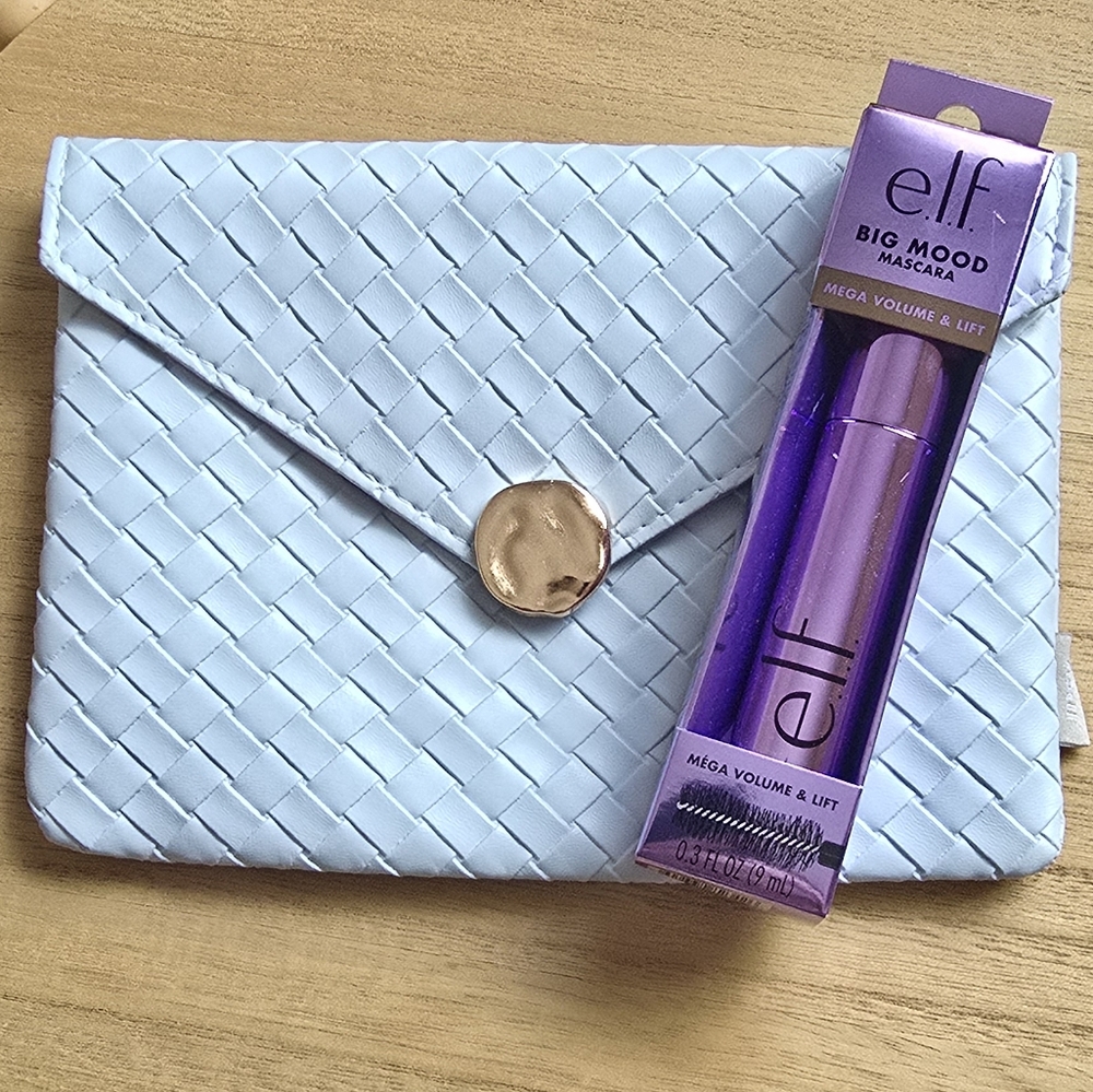 Ipsy Light Blue Weave Pattern Makeup Clutch & Elf Big Mood Mascara